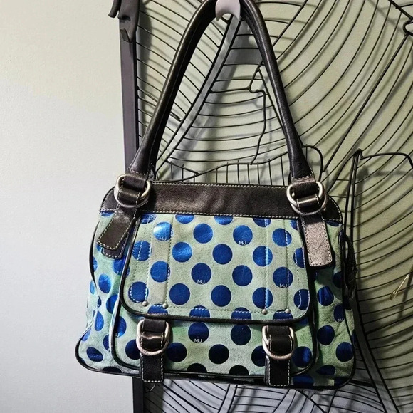 Marc Jacobs |  Blue Metallic Polka Dot and Green Suede Satchel Bag - Picture 1 of 13